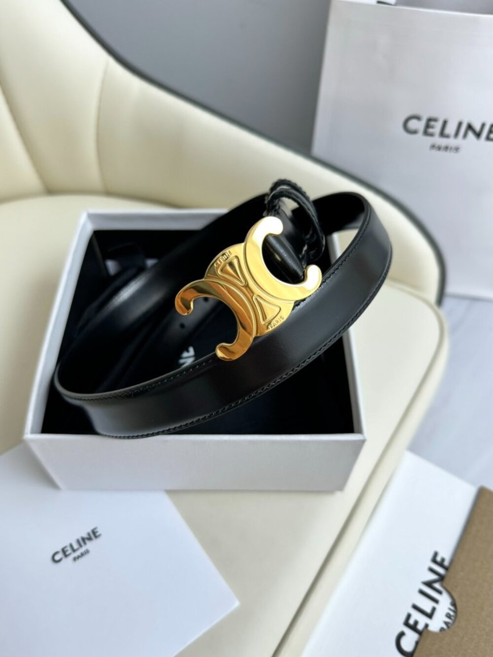 Celine Black Polished Leather Triomphe Medium Width Belt Size 85